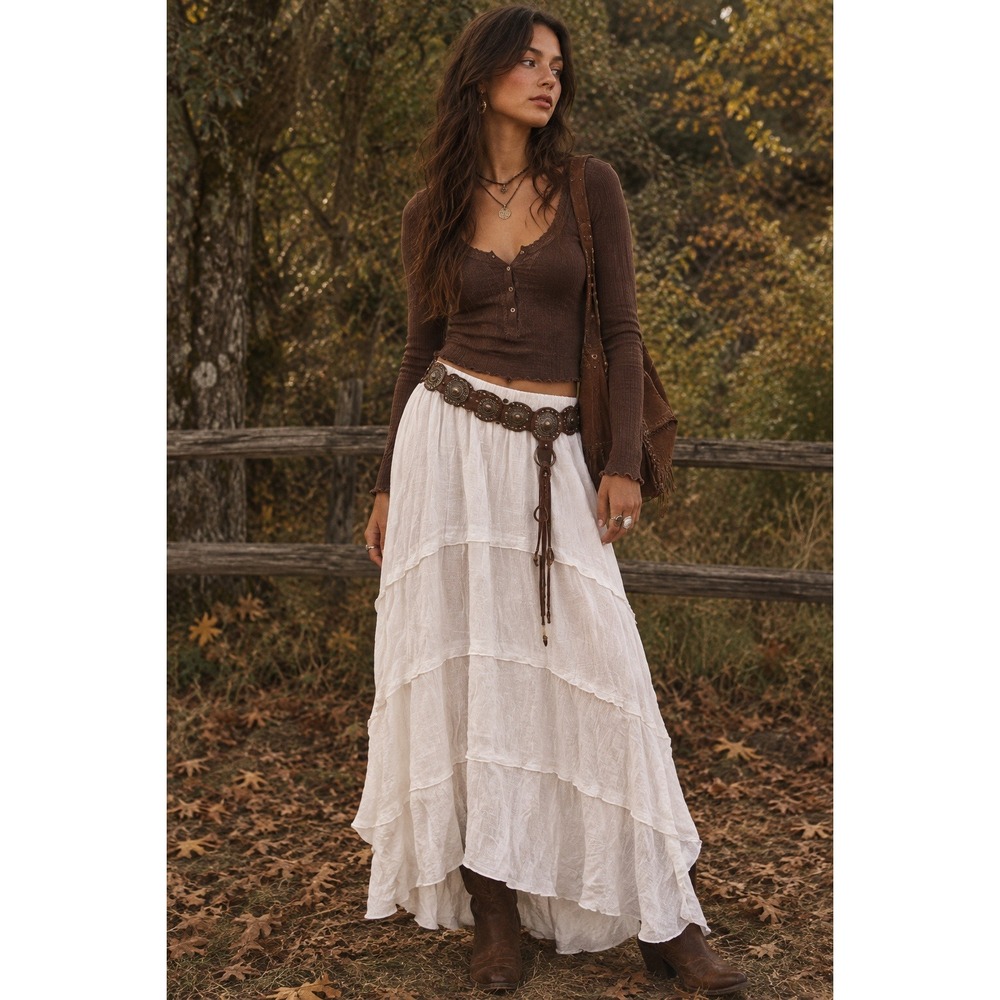 White Gauze Tiered Hi-Lo Maxi Skirt Sz S Elastic Western Boho Fall Cottage Folky